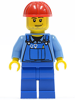 LEGO Minifigure-Overalls with Tools in Pocket Blue, Red Construction Helmet, Smirk and Stubble Beard-Town / City-CTY104-Creative Brick Builders